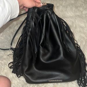 Black leather drawstring backpack